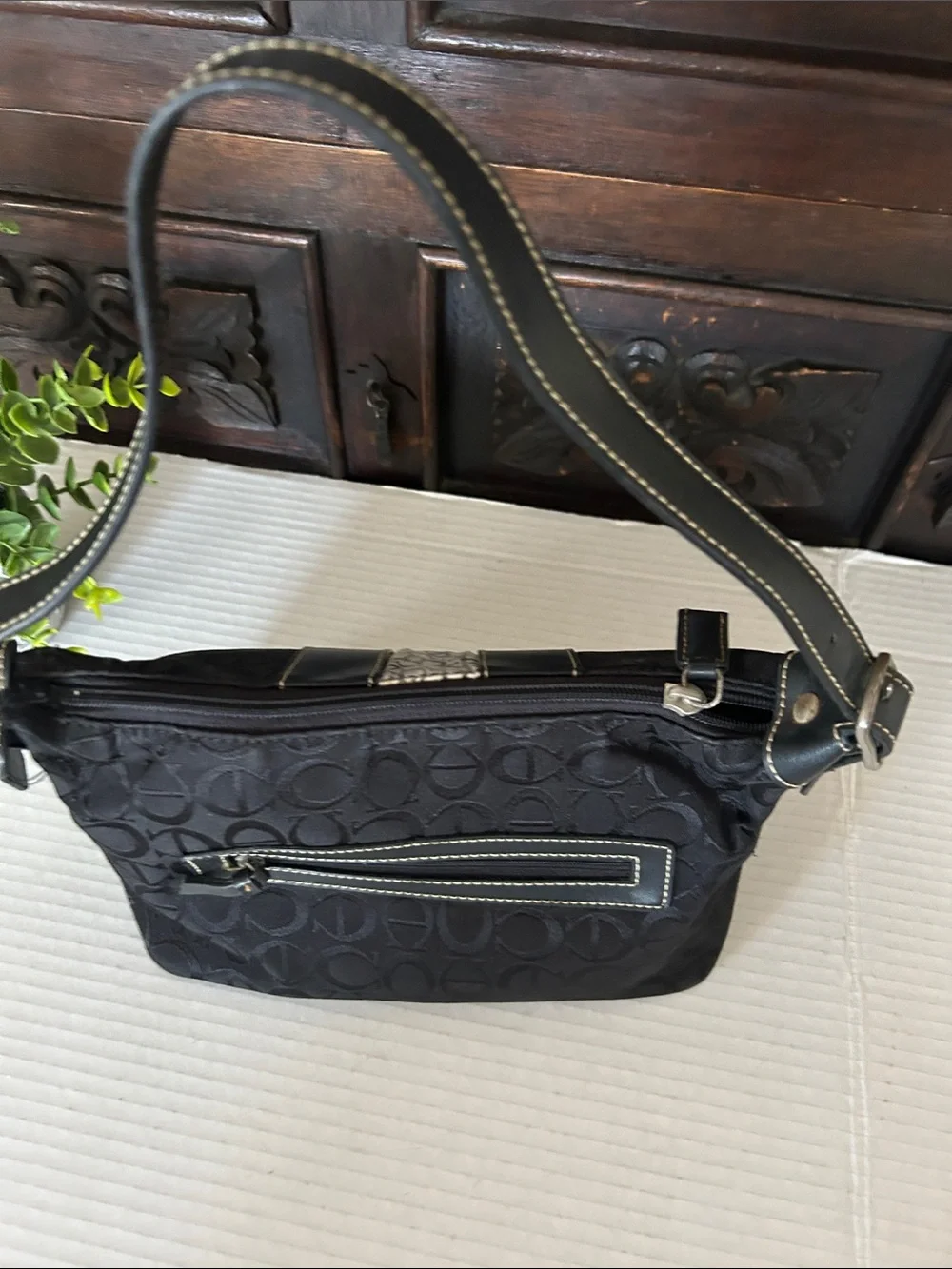 Coach Black Signature Jacquard Shoulder Bag with Cream Center Stripe